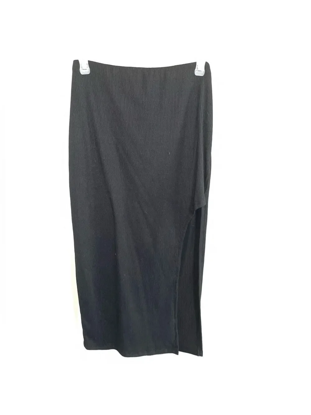 Ninexis Black Ribbed Knit Midi Skirt M High Slit Bodycon Stretch Edgy